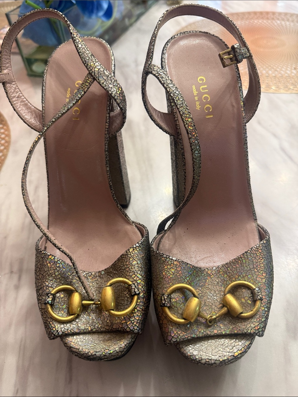 Gucci Iridescent Mosaic Leather Platform Heels with Gold Hardware